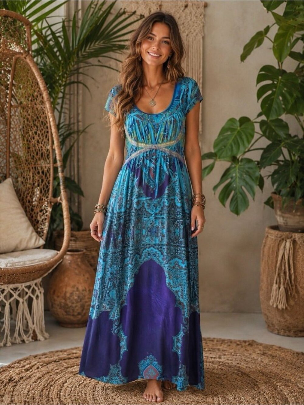 Y2K One World Boho Maxi Dress Women S Blue Purple Festival Empire Waist Stretch